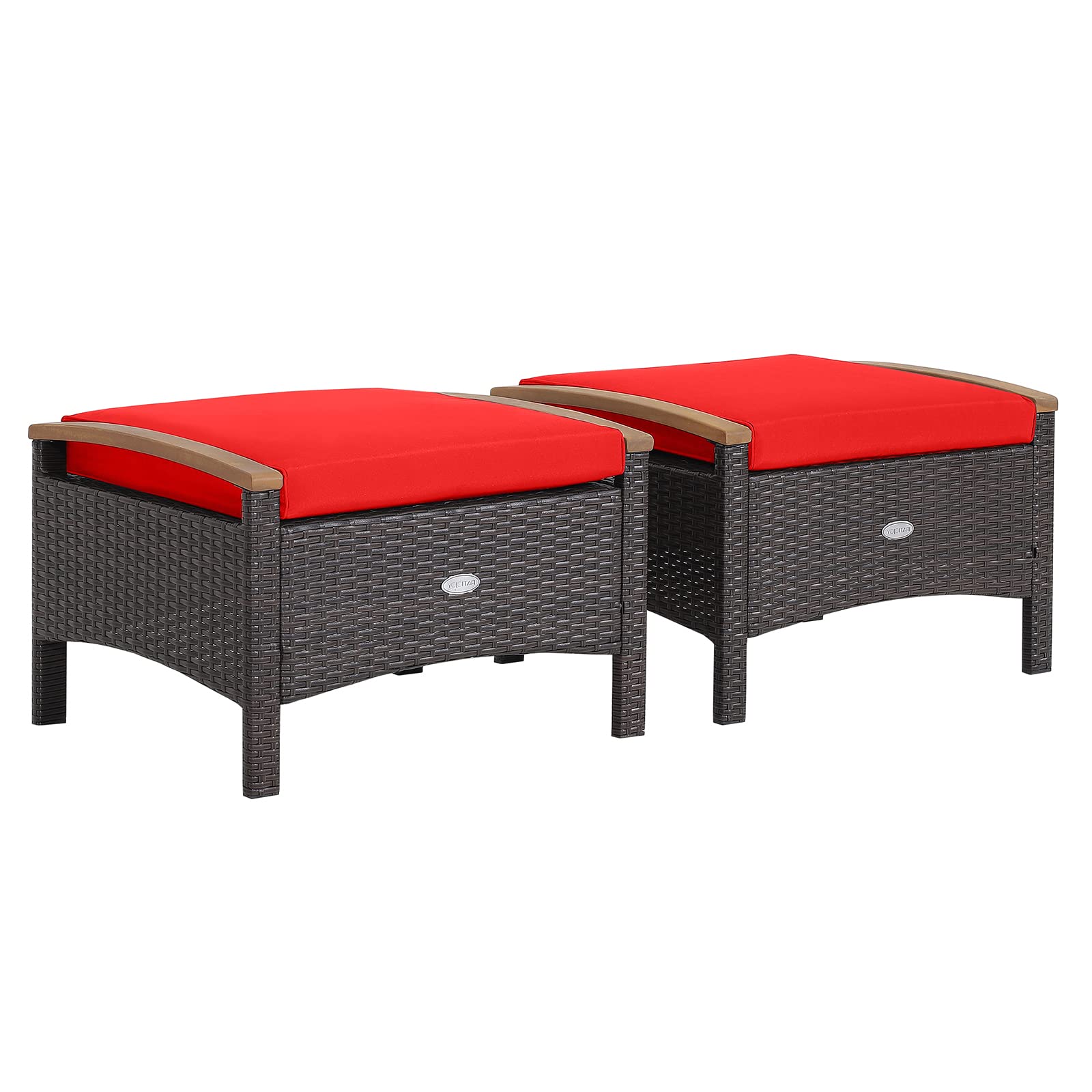 Tangkula 2 Piece Patio Rattan Ottomans, Outdoor Wicker Footstool W/Acacia Wood Handles, Soft Zippered Cushions, 3-In-1 Function Footstool Seat & Side Table For Backyard, Balcony, Poolside (Red)